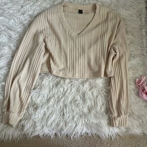 SHEIN Beige Ribbed V-Neck Sweater